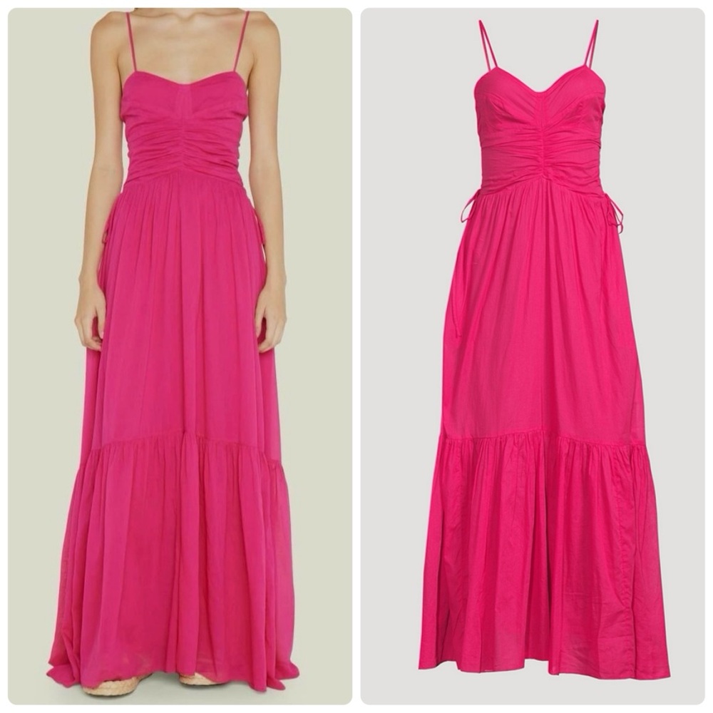 Isabel Marant Étoile Giana Ruched Tiered Cotton Voile Maxi Dress in Fuchsia Pink